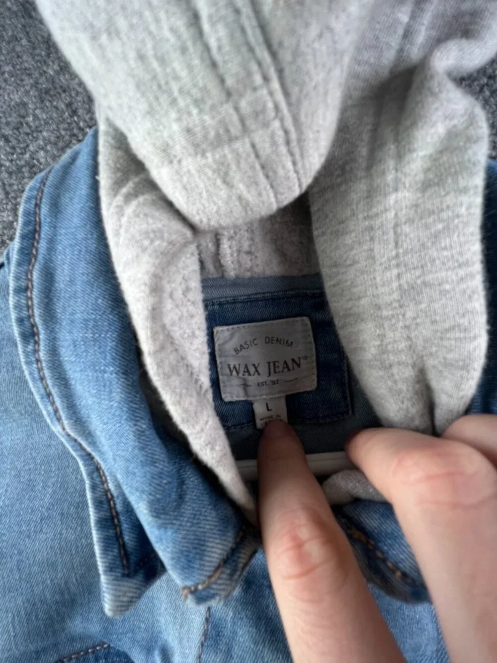 Wax Jean Denim Jacket Blue Gray Girls Large Stretch Buttons Long Sleeve Hooded